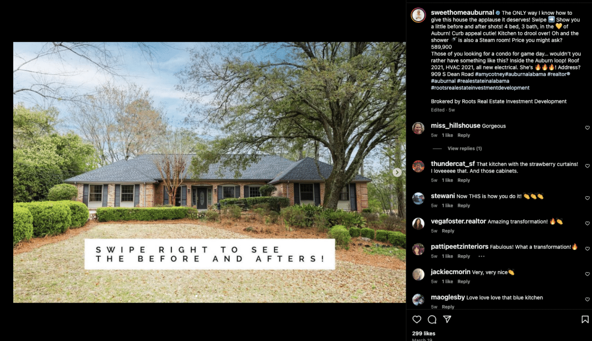 Screenshot of an Instagram carousel post that shows some before-and-after images of a house. The image is the front of the home, and the text overlay reads, "Swipe right to see the before and afters!"